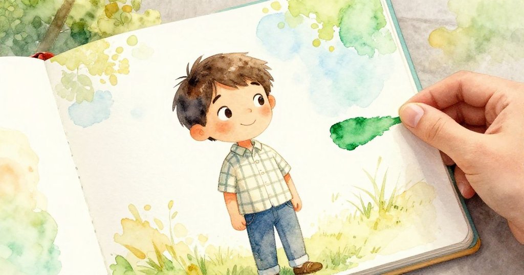 Milo輕觸翻飛新畫紙,綠色筆觸在紙上留下細膩痕跡,散發驚喜與專注情感。