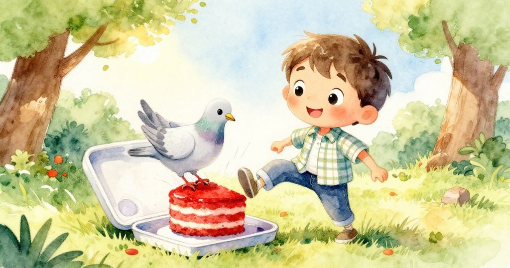 Milo驚訝看著鴿子降臨顏料盒,盒蓋因重量傾斜,場景充滿趣味與溫馨動感。