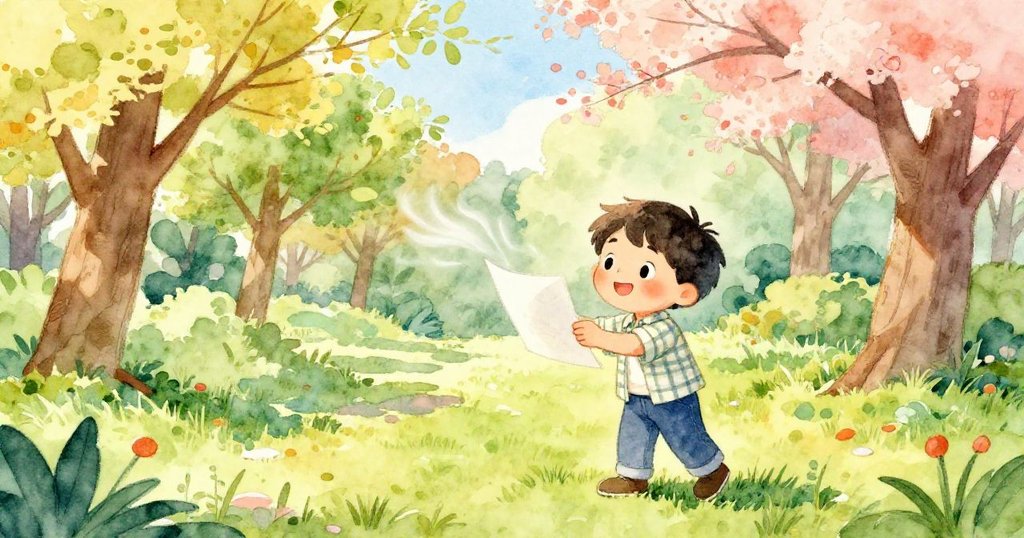 Milo在春日公園中感受微風輕拂,畫紙隨風翻動,花樹爭豔交織出一幅充滿驚奇與喜悅的畫面。