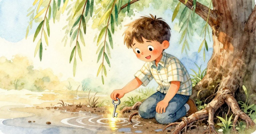 Milo在柳樹根邊俯身尋找鎖匙,泥中閃爍金屬光芒,其眼神流露出堅定與驚喜。