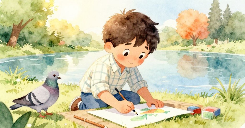 Milo完成畫作,用橡皮圈固定畫紙,最後一筆點綴畫作,鴿子靜立旁邊,臉上洋溢溫暖寧靜笑容。