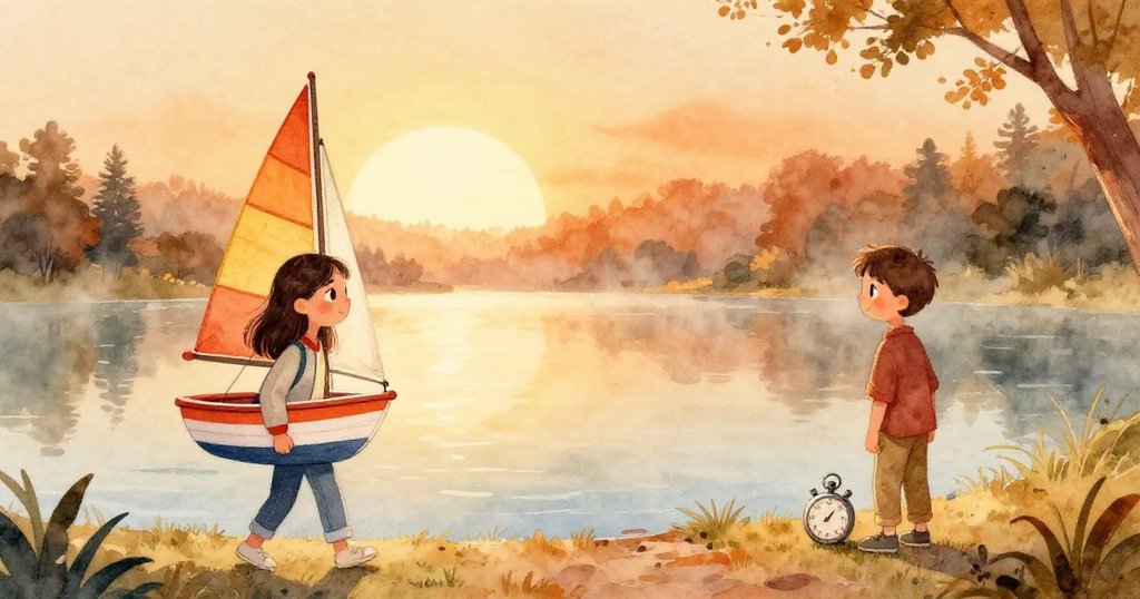 Mara攜帶彩繪帆船走向晨霧中的水庫，Luis在對岸等待，表情充滿期待與興奮，開啟冒險。