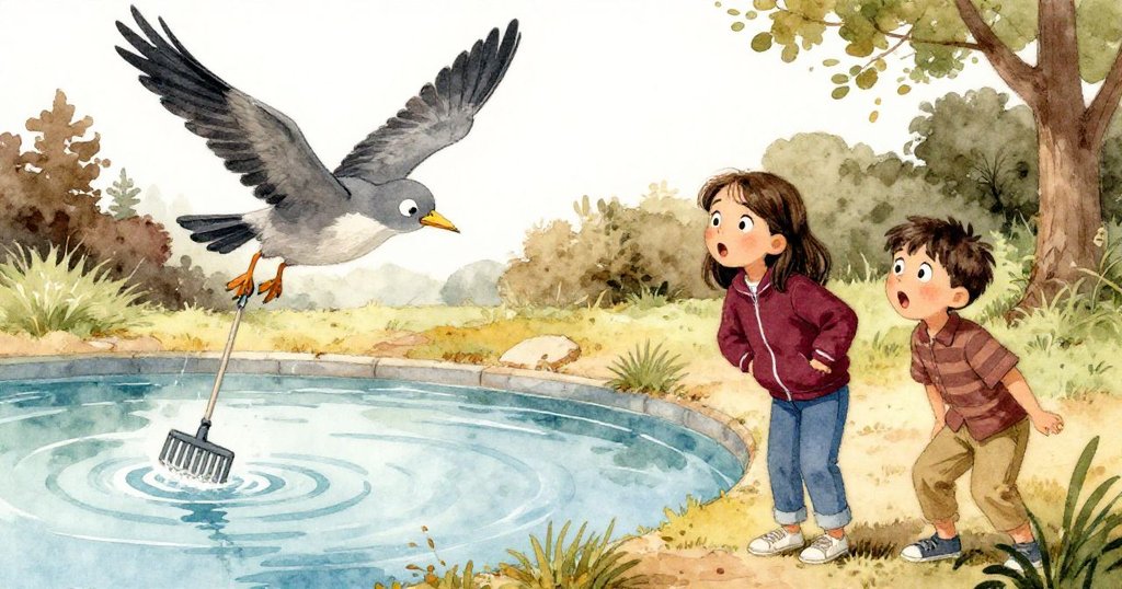 灰鳥抓取撇水杆與繫船線飛越水面，Luis與Mara滿臉驚訝，動作急促展現戲劇性轉折。