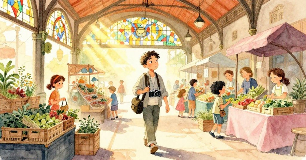 達里奧穿著輕便衣服，手提相機在陽光灑落的老電車庫中穿行，彩色玻璃映出快樂市場熱鬧景象。