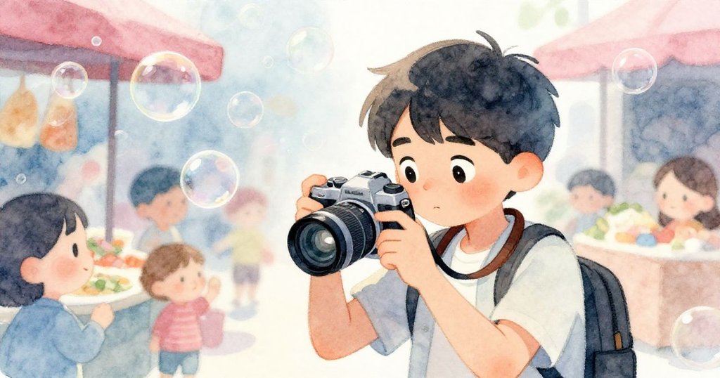 達里奧專注地調整相機，臉上流露出期待，背景中市場攤販與泡泡曖昧，展現出動感與細緻情感。