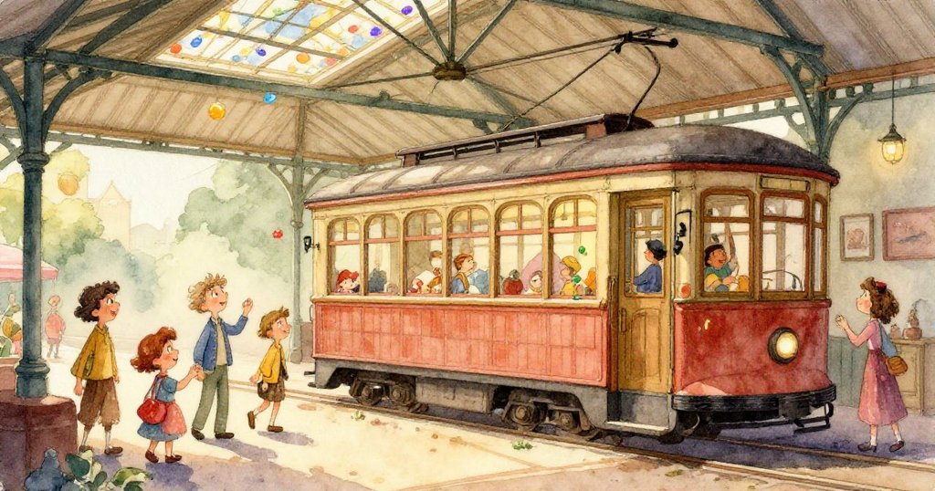 孩子們快樂追逐著飄浮泡泡，花瓣隨風飛舞，達里奧在背景捕捉動感市場場景，充滿生動與趣味。