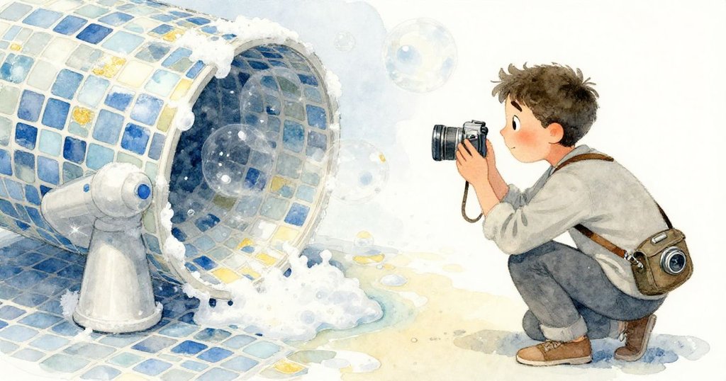 達里奧蹲下專注拍攝泡泡機旁露出的豹紋馬賽克，清新陽光灑落，市場動亂後重現寧靜回憶。