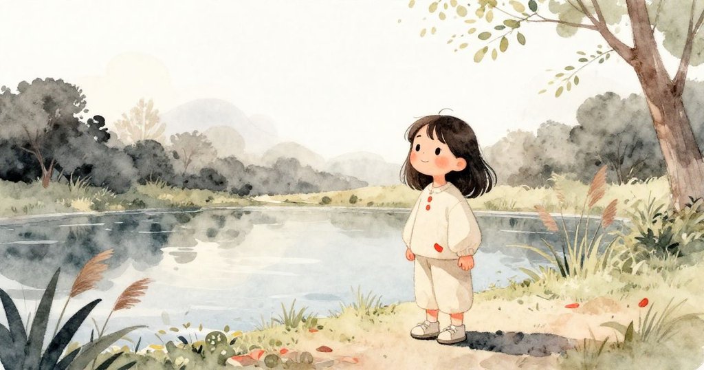 在傍晚柔光中,Maya站在公園池塘邊,眼神充滿期待與寧靜,環境中有水面、蘆葦及漂浮的雲朵,展開繪畫之旅。