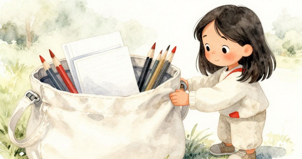 Maya仔細打開畫具袋,展現袋中裝有鉛筆與筆記,細節豐富,背景隱約見到公園自然風光,流露出專注與期待。