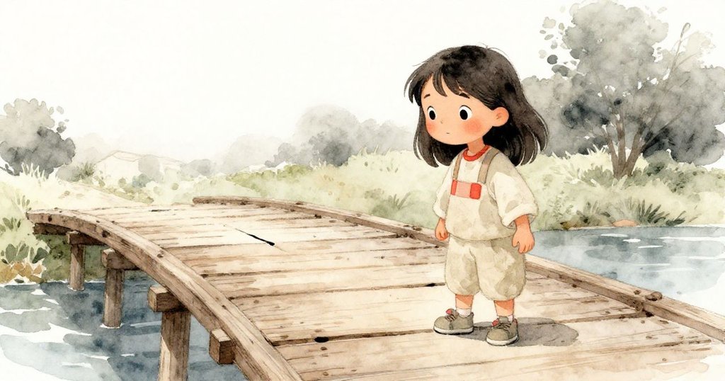 從低角度觀看,Maya踏上風化的木橋,注重觀察搖晃木板與裂縫,臉上流露出謹慎與堅毅,背景顯示公園自然環境。