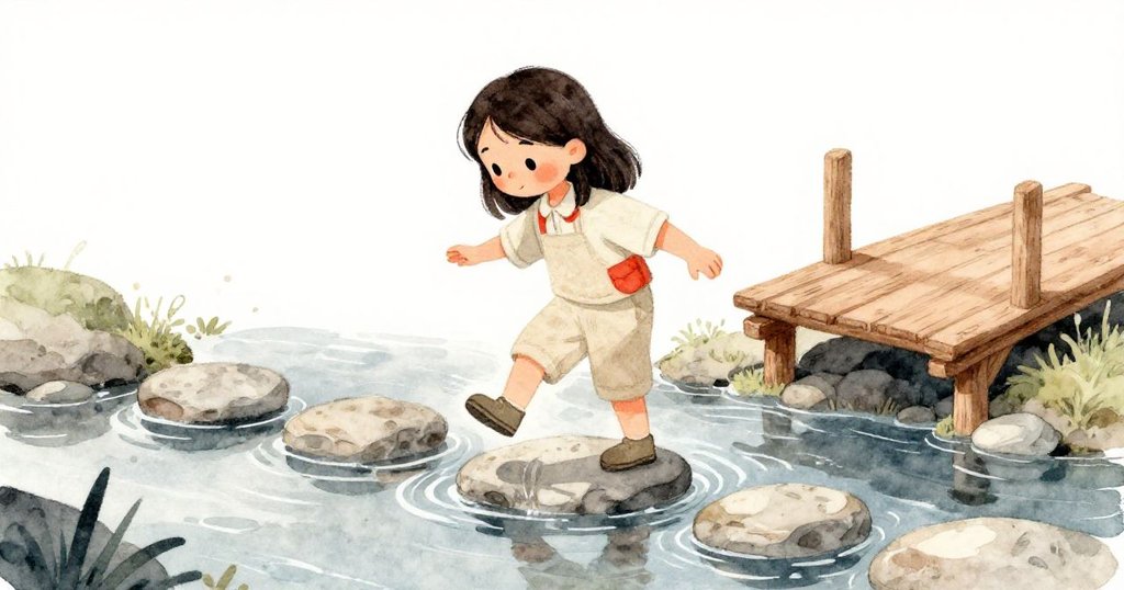 Maya謹慎地沿著溪床上不平的石塊前行,清涼溪水觸及腳踝,脫離危險木橋,情緒由緊張轉為冷靜專注。