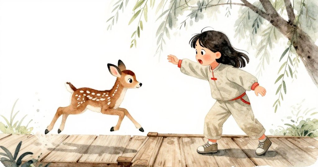 突現的年輕鹿羚輕快躍出柳樹陰影,驚動Maya使她伸手保持平衡,臉上寫滿驚訝與果斷,橋上動態情景鮮明。