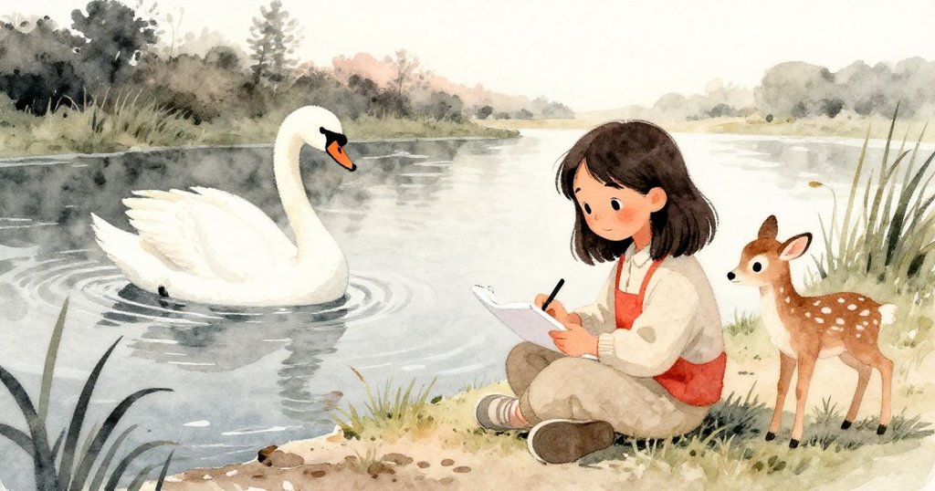 在安全對岸,Maya端坐於柔和晚光中專注繪畫,優雅天鵝輕移水面,鹿羚靜立在蘆葦旁,場景充滿寧靜與滿足。