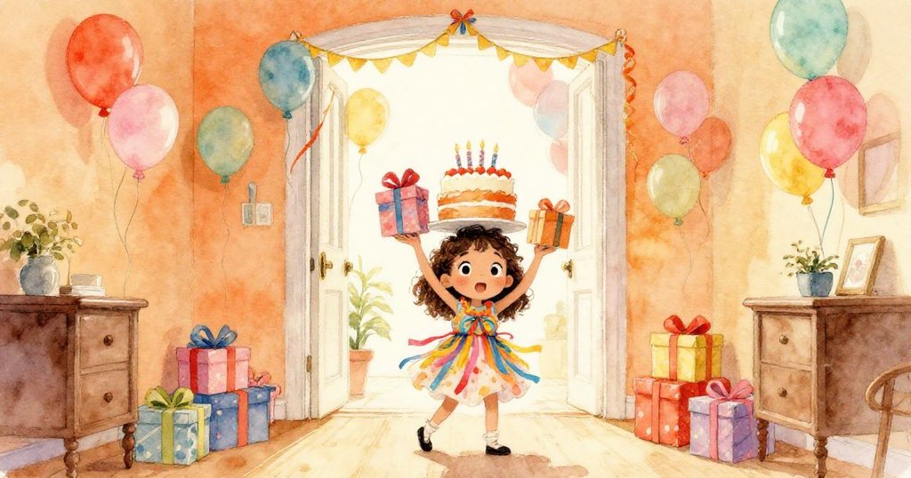 Mia穿過裝飾著氣球的門口，手持生日蛋糕與禮物，表情期待且帶著冒險感踏入充滿歡慶氣氛的家中。