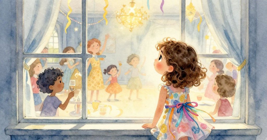 Mia透過窗戶望向飄有彩帶與音樂聲的客廳，心懷喜悅與對慶典熱切期待，場景溫馨明亮。