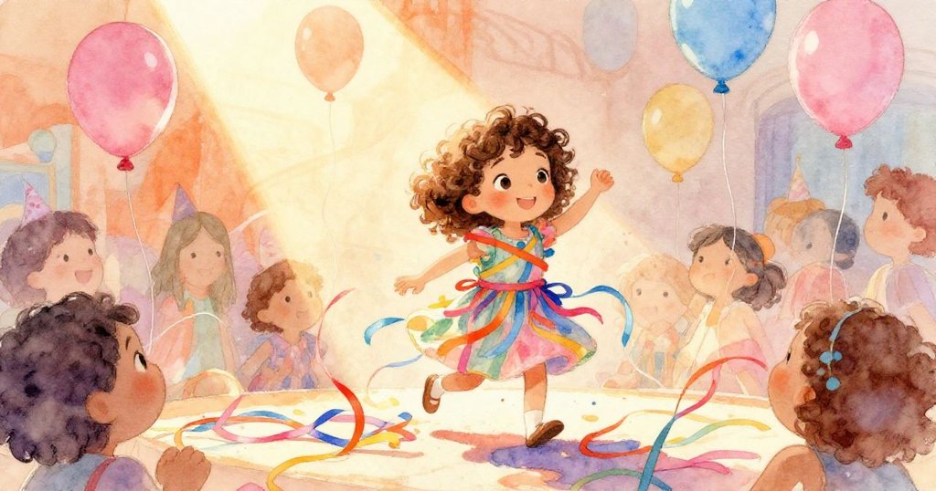 溫暖光線穿透彩帶與氣球，Mia小心翼翼行走，環境中光影交錯營造出如夢似幻的慶典氛圍。