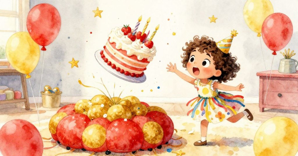 緊張瞬間，Mia急忙伸腳試圖挽救翻飛中的蛋糕，氣球在空中舒展緩衝，表情驚訝與決心交織。