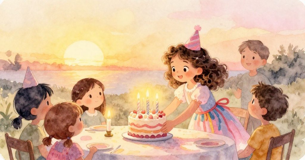 金色夕陽下，Mia穩定將蛋糕置於桌上，蠟燭微光閃爍，慶典圓滿落幕，滿溢著溫馨與喜悅。