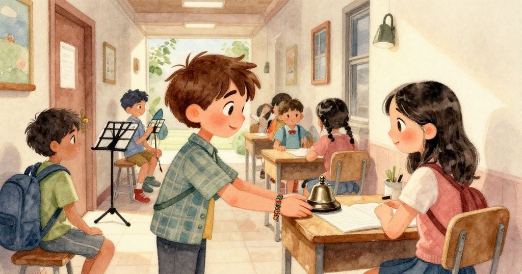 萊奧穿過陽光灑落、充滿音樂架與學生的學校大廳，展現早晨忙碌和期待的新一天開始。