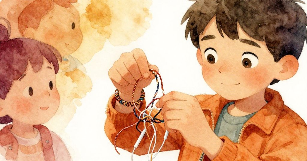 萊奧專注地解著與耳機纏繞的彩色手環，展現驚喜禮物細節與他期待驚喜的心情。