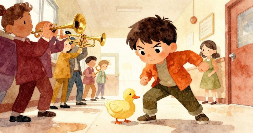 從低角度仰視中，萊奧在擁擠走廊中閃避號角手，神情堅定，展現勇敢穿越忙亂的瞬間。