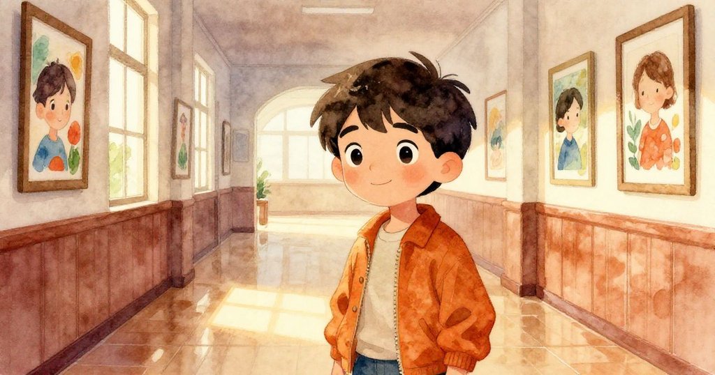 萊奧奔入寧靜的藝術走廊，牆上展示學生畫作，暖陽映照下，呈現從繁忙到平和的時光流轉。