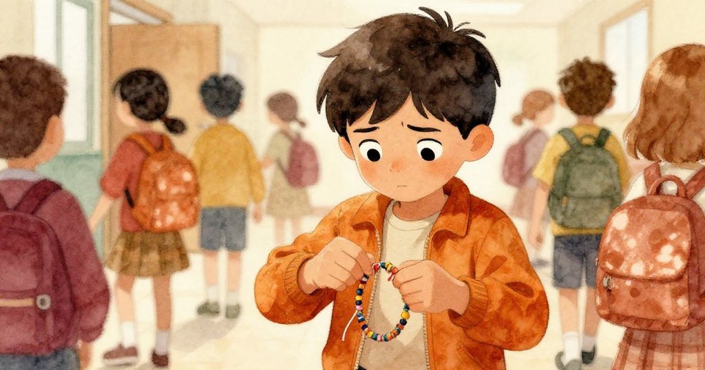 萊奧緊張地解著纏繞的彩色手環，秒針急跳間背景學生漸近，營造出懸疑與期待的氛圍。