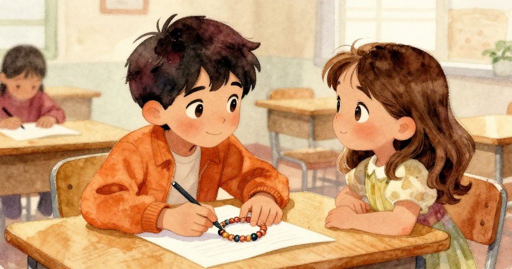 瑪雅提前入室驚喜發現筆記本上精心放置的手環，與萊奧目光交會，展現溫馨交換與期待情感。