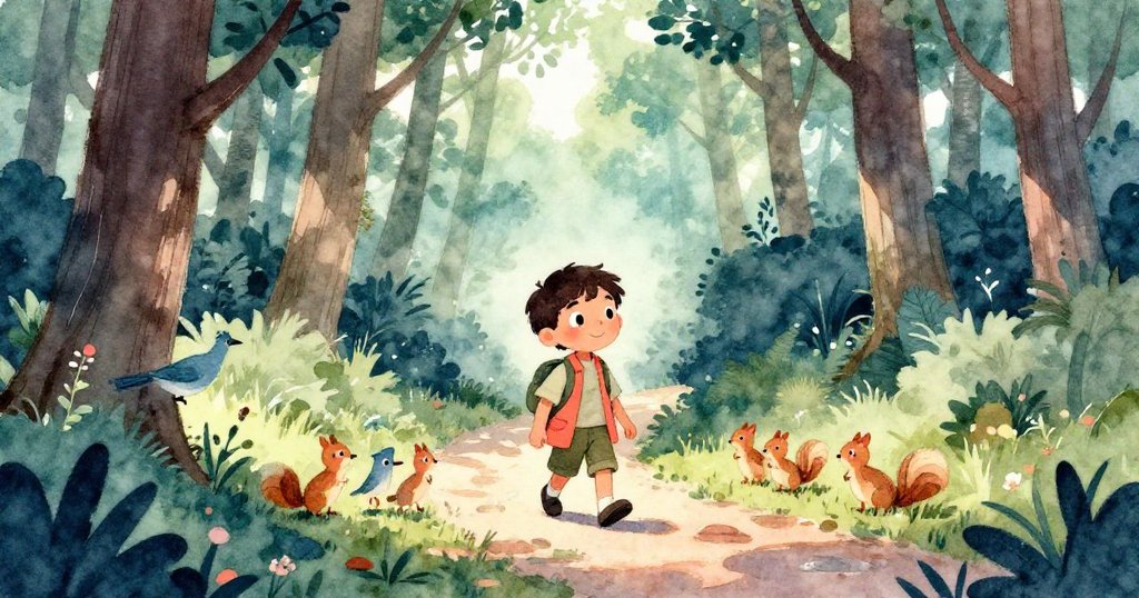 Marco在森林小徑上走路，周圍有鳥兒和松鼠，落日斜照，臉上充滿好奇與期待，展開探險旅程。