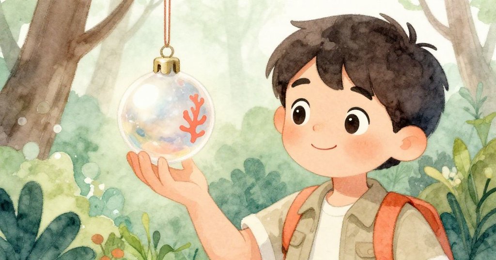 Marco正仔細端詳著手中的金屬飾物，光線微弱映出希望的光芒，展現發現精神與靈感激盪。