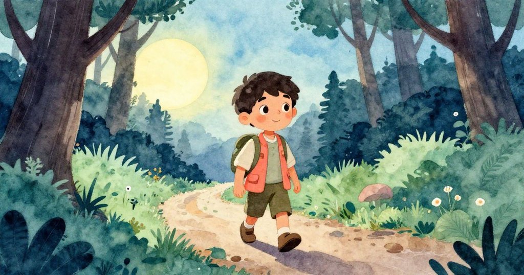 森夕變換中，Marco沿著曲折小徑前行，眼神中流露出思索與堅定，夕陽微光與薄霧營造柔和氣氛。