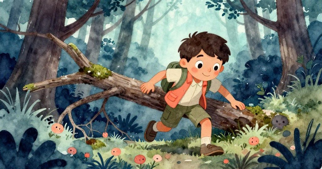 Marco迅速避開濕滑的根與倒下枝幹，身形矯健顯示決心，夜幕低垂時森林透露著動態與期待。