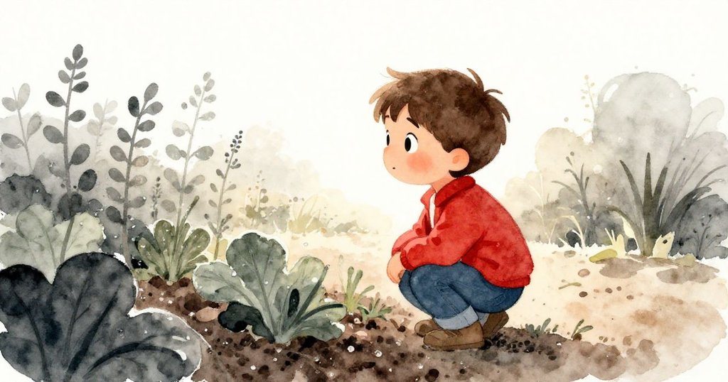 里奧在傍晚的菜園裡蹲著舉著手機，捕捉第一隻螢火蟲，背景溫柔明亮，充滿期待與夢幻感