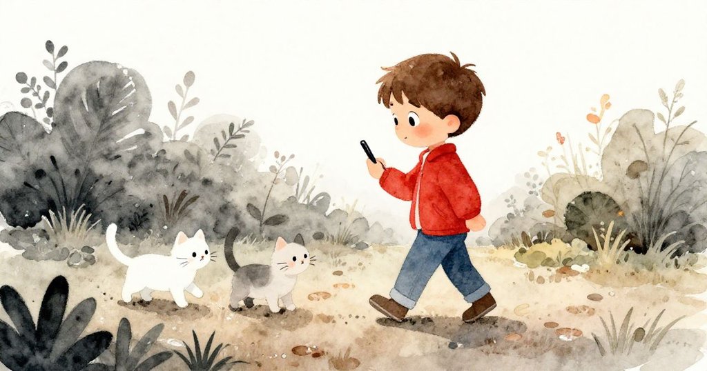 里奧走在濕潤泥土上，手持手機，兩隻好奇貓咪在菜園裡嬉戲，展現輕快又溫柔的步伐與互動