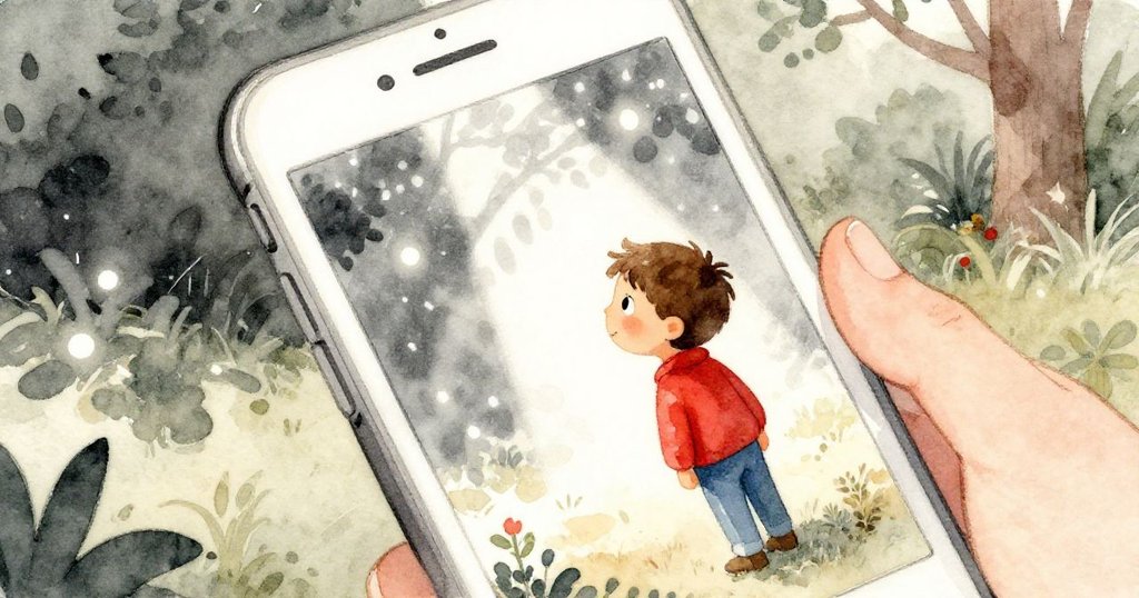 從里奧手中手機畫面看到模糊卻夢幻的菜園，燈光與陰影交織，營造出奇妙與神秘的時刻