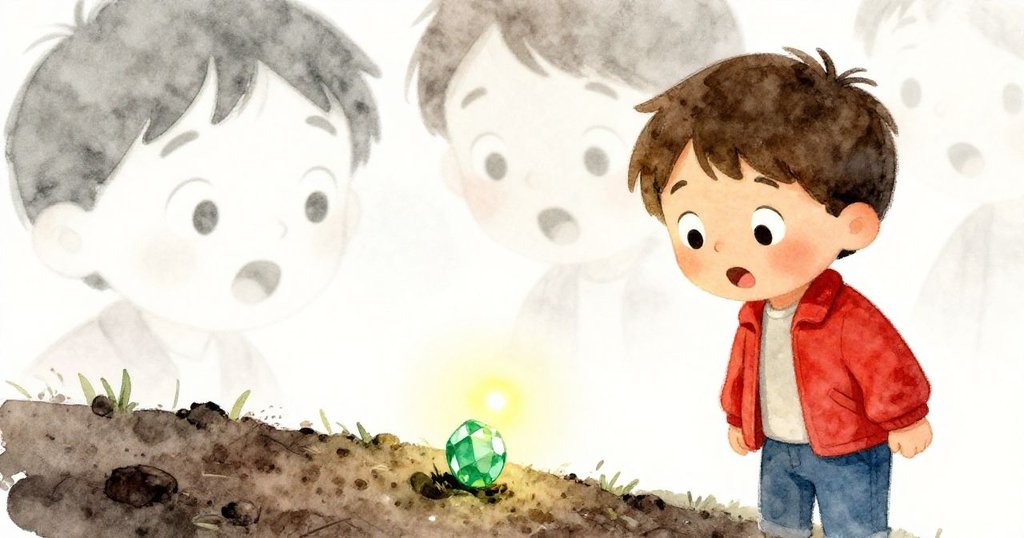 近距離展示閃亮綠寶石與停留其上的螢火蟲，里奧臉上露出驚奇神情，整個場景被柔和魔法光環包圍