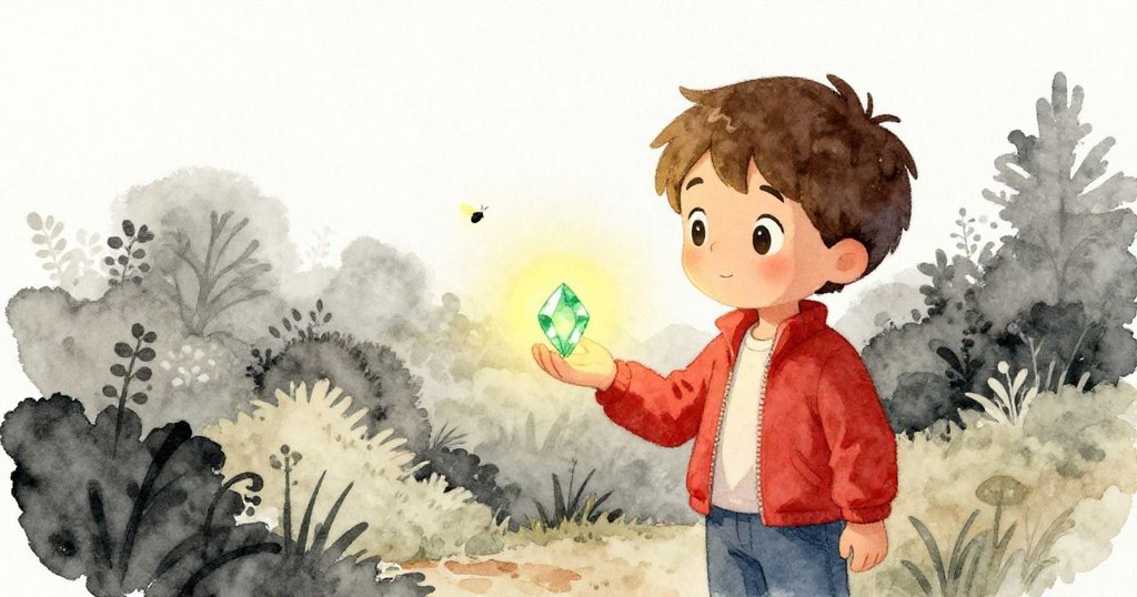 傍晚時分，里奧小心握著發光寶石，螢火蟲悄然離去，菜園中夜色漸深，氛圍寧靜而充滿溫情