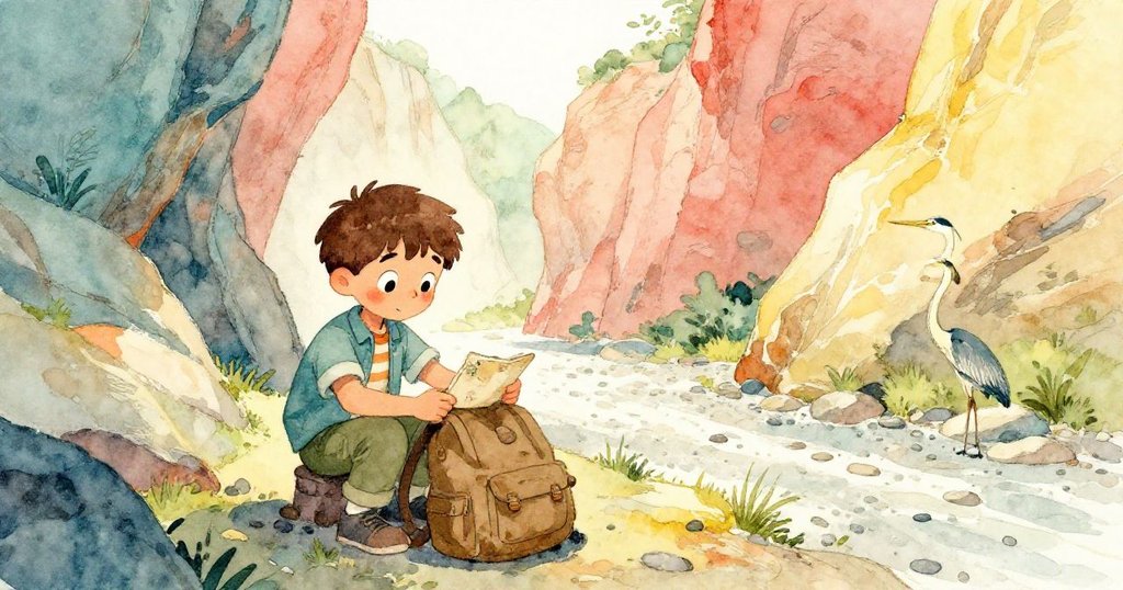 米洛於溪谷中放下背包並打開筆記本，遠處見高大白鷺，背景岩石和溪流交織，神情真摯期待自然奇景