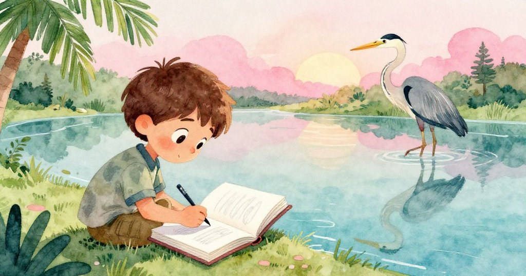 米洛專注畫出水中蕩漾白鷺，筆記本上鉛筆線條細膩，水面倒影清晰，神情專注且充滿創作熱忱