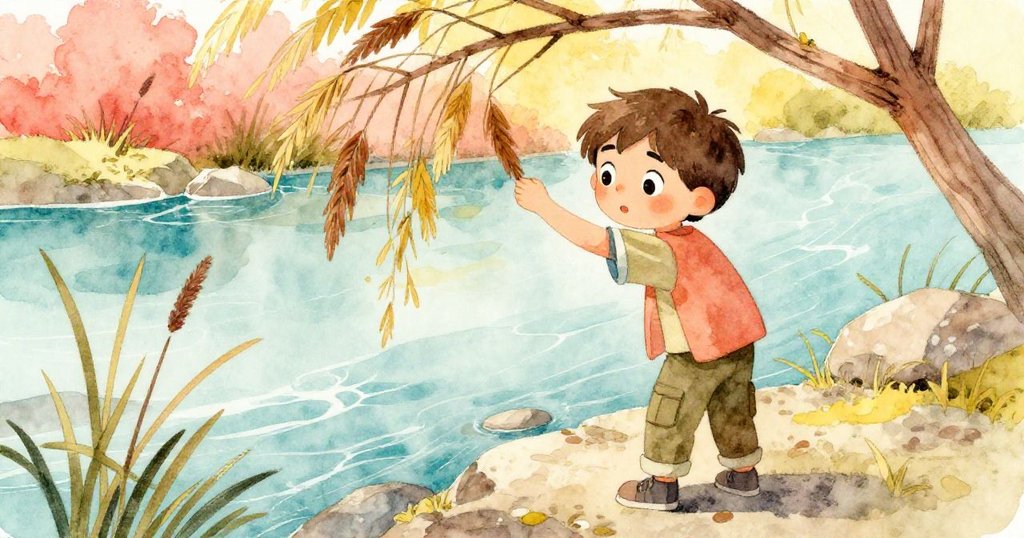 米洛背對畫面尋找新視角，枝條與乾稻穗隨風搖曳，背影中流露出些許焦慮與堅持