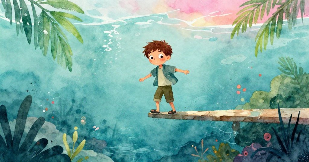 米洛小心站在窄石板上，水下透光展現鉛筆碎屑隨波飄浮，畫面充滿緊張與奇幻氛圍