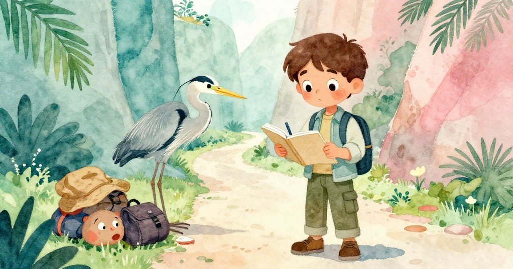 米洛重拾畫筆於寧靜溪谷中，白鷺靜臥背包旁展現優雅曲線，神情平靜中透出新生希望