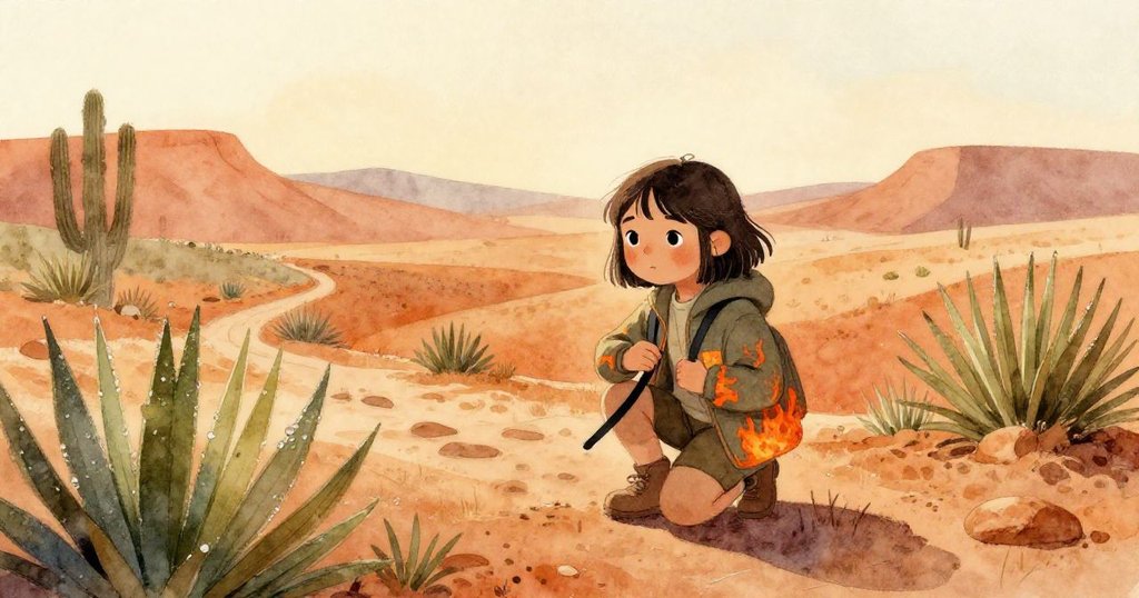 莉拉蹲在沙漠入口，輕握畫包帶，露水在尤卡植物上閃光，展現早晨柔和光線與決心。