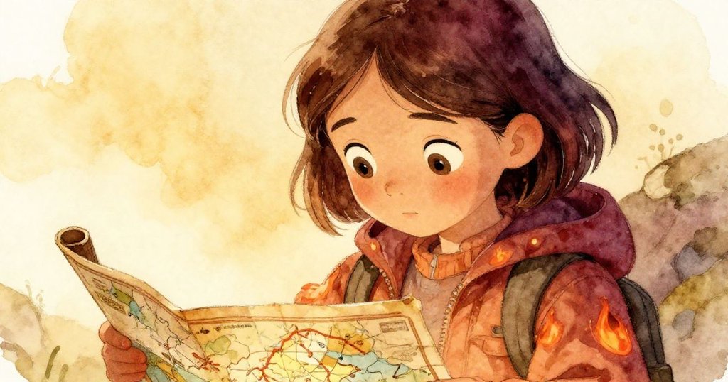 莉拉特寫凝視歷史地圖，眼神專注，背景柔和色調，展示她對冒險計劃的決心與期待。