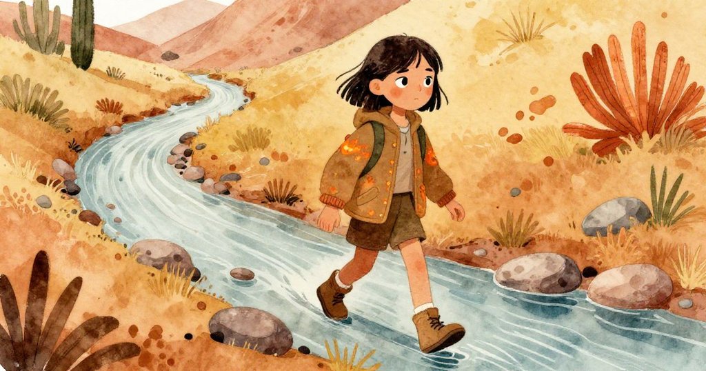 莉拉沿著彎曲溪流行進，踏過沙石，神情堅毅，環境充滿沙漠風情和暖色光暈。