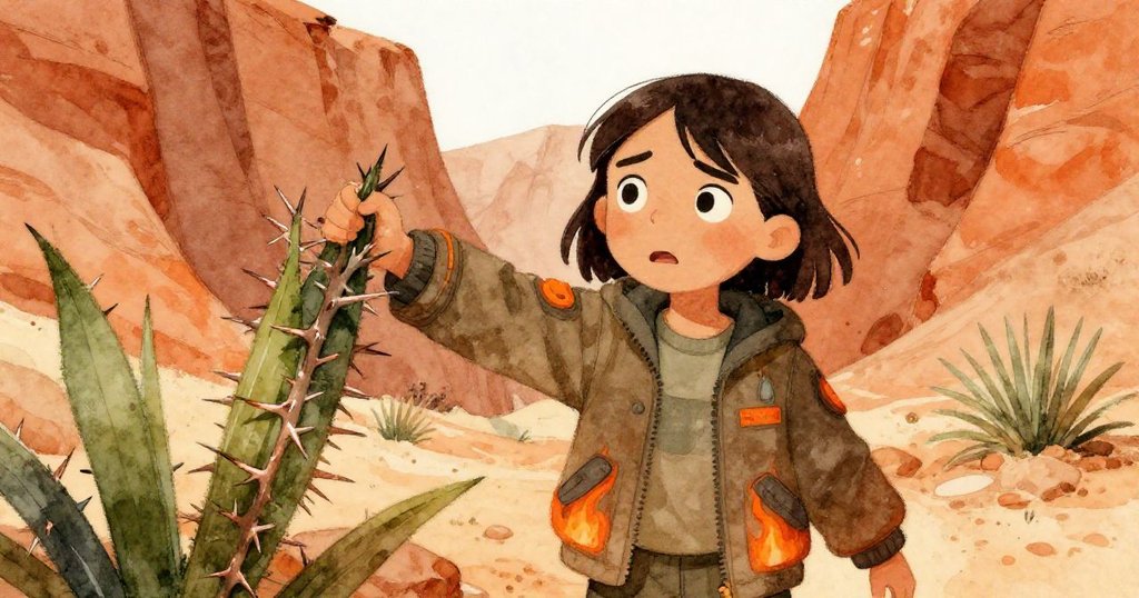 莉拉在峽谷中遇到斷裂樹枝阻路，緊張中小心處理，背景呈現溫暖日出與沙漠景致。