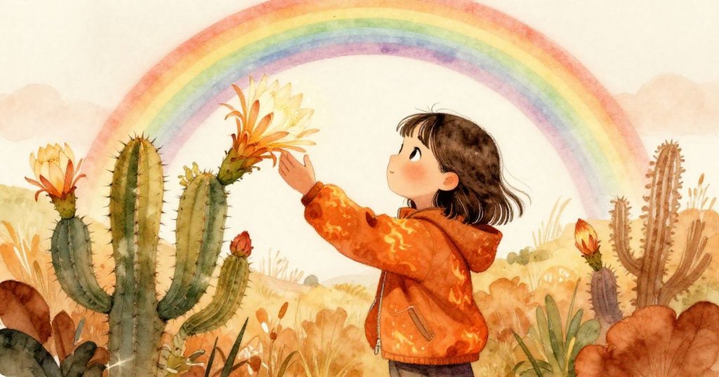 莉拉坐於高原沙上，低頭作畫夜開仙人掌，彩虹映襯溫暖空氣，心滿意足地捕捉自然奇蹟。