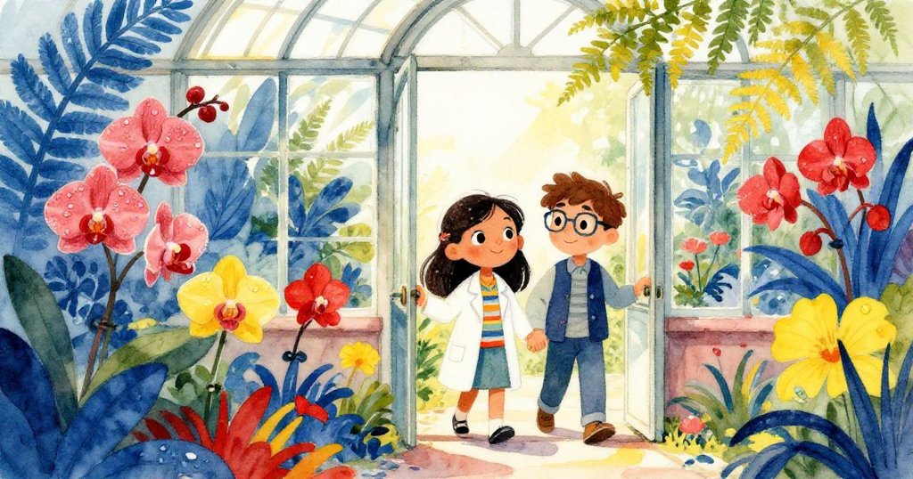 米拉和里奧踏入充滿綠意的玻璃溫室，陽光透過玻璃灑落，臉上流露出期待與平和情緒，環境充滿濕潤氣息。