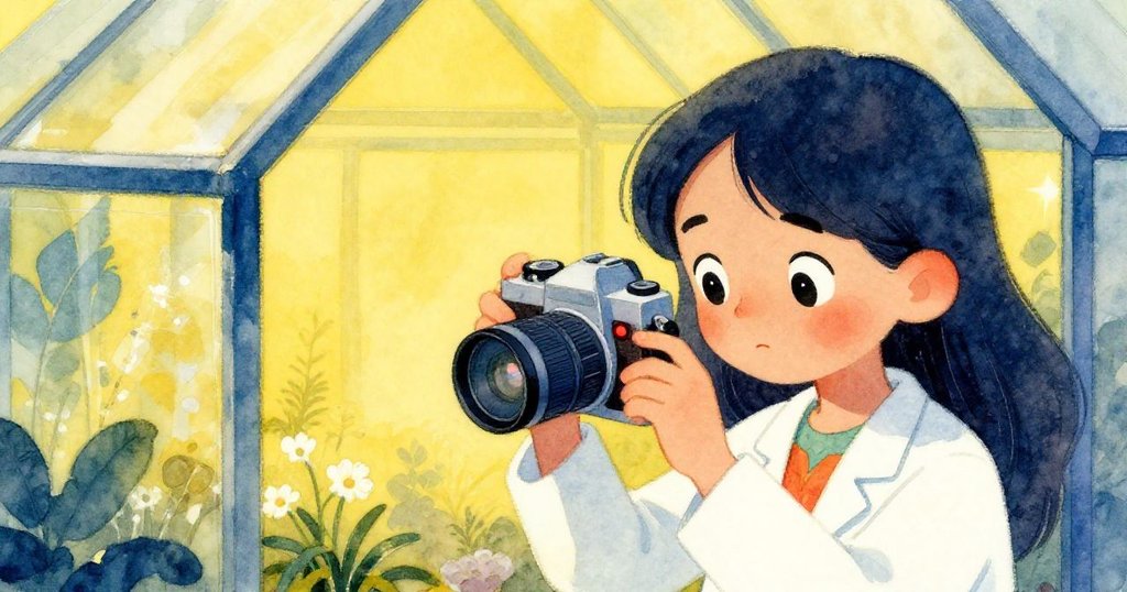 米拉正專心調整相機，特寫手部和相機電池紅燈閃爍，背景模糊呈現玻璃溫室，充滿專注與挑戰情緒。