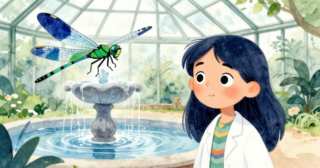 米拉站在噴泉前凝視著水面，水面反射出玻璃屋頂與一抹翡翠般昆蟲的微光，場景靜謐且充滿神秘感。